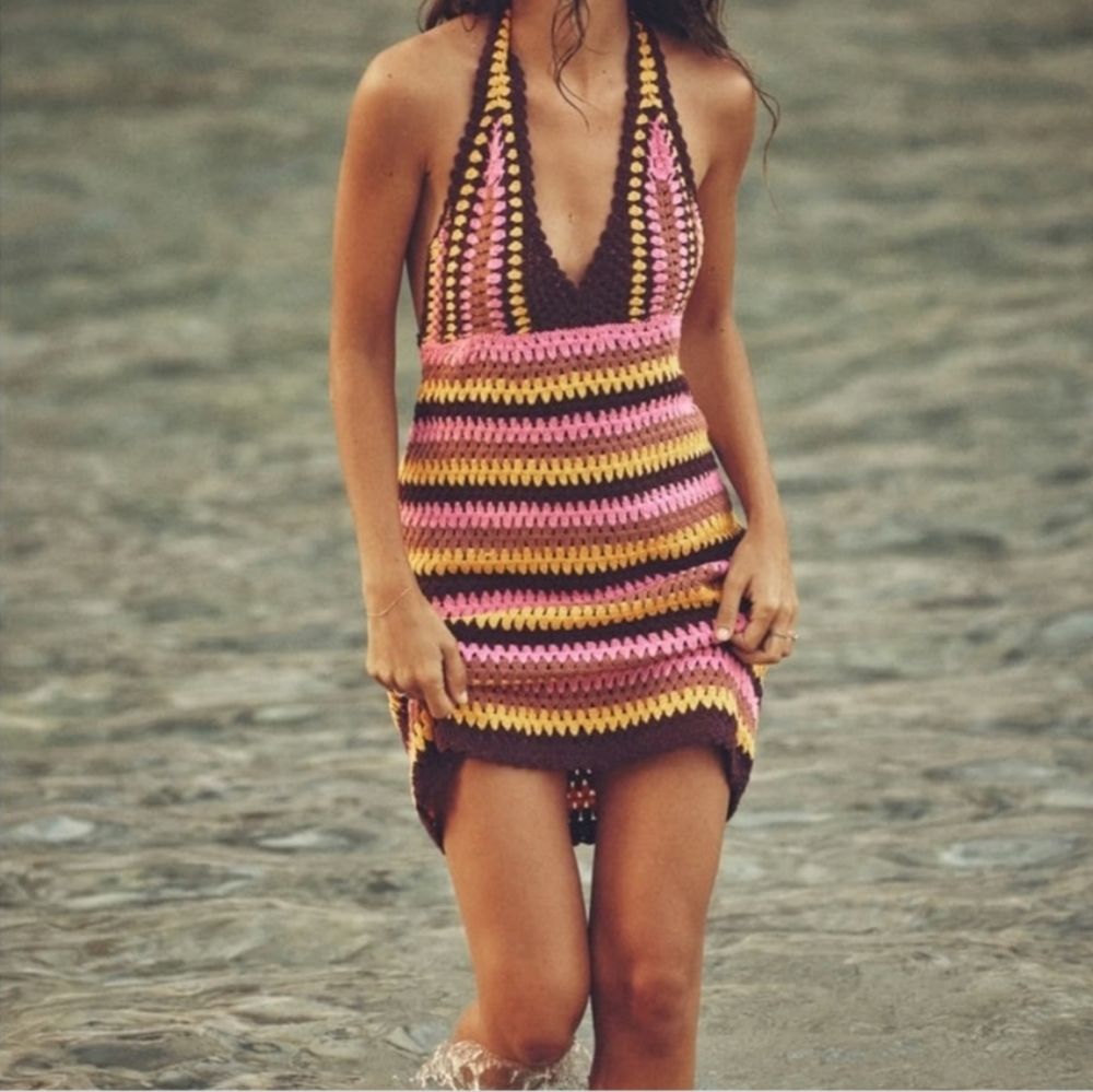 Zara Striped Crochet Halter Dress in Brown, Pink & Yellow